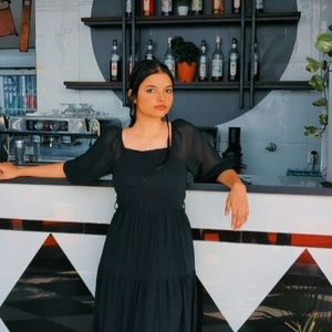Black semi sheer off- shoulder maxi tiered dress